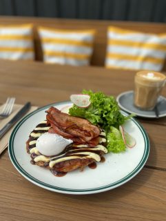 One of our faves is back ๐๐ผ now serving Okonomiyaki with your choice of bacon, smoked salmon or roasted mushrooms!