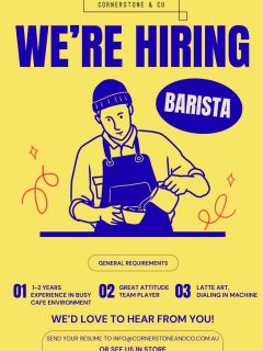Looking to join us? Now’s the time! 💪
On the hunt for a superstar barista who has experience behind the machine, a positive attitude and a friendly smile👌🏻
Enquire within the store, alternatively email - Info@cornerstoneandco.com.au 💛